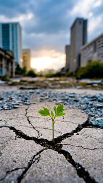 A small green plant growing in a crack in a concrete surface