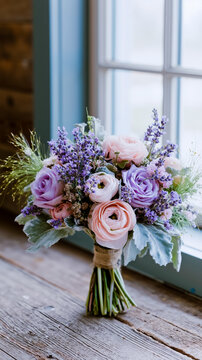A bouquet of flowers in a vase on a wooden table