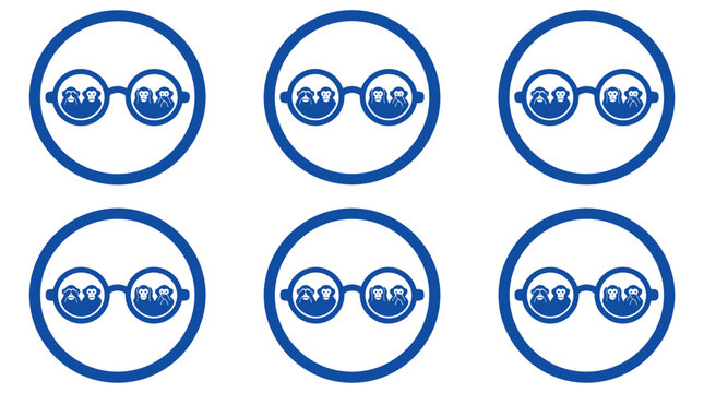 Set of six round icons with blue outline each containing stylized eyeglasses with numbers reflecting different vision prescriptions, clean vector art