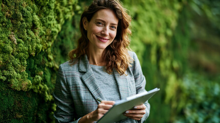 Fototapeta premium Attractive smiling businesswoman holding a clipboard before a bright green moss world map thinking about global business and sustainability environmental awareness with copy