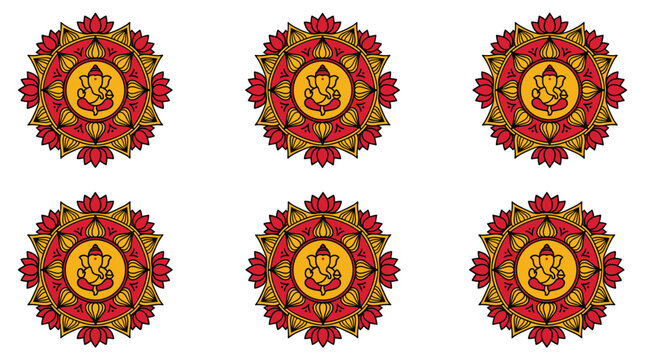 six symmetrical floral mandala patterns in red and gold, geometric digital illustration, repeating ornamental motifs