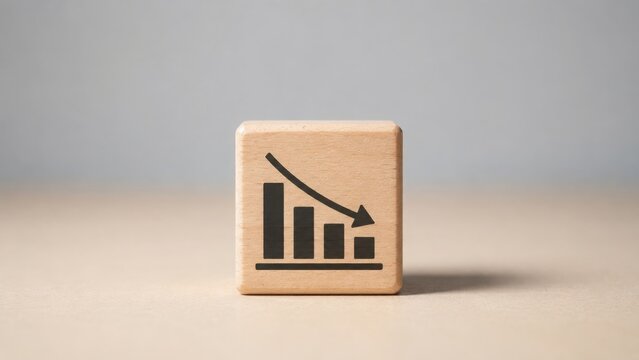 Wooden block with decreasing graph icon business decline or cost reduction concept