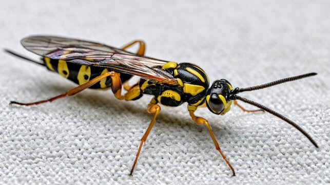 Vibrant Black and Yellow Parasitoid Wasp Genus Dusona on White Soft Background