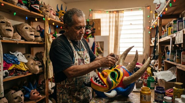 Puerto Rican Vejigante Costume Maker Crafting Traditional Festival Mask