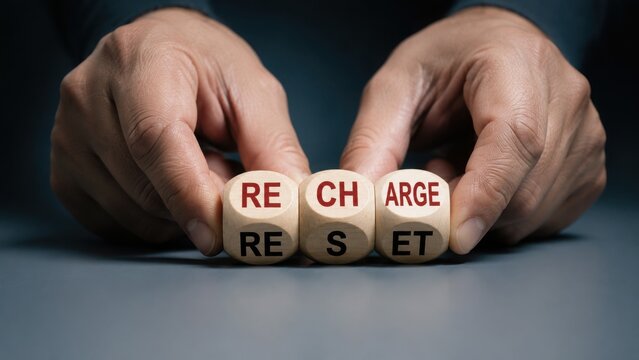 Hands holding wooden blocks showing recharge and reset words