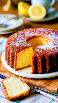 A slice of cake with powdered sugar on a white plate