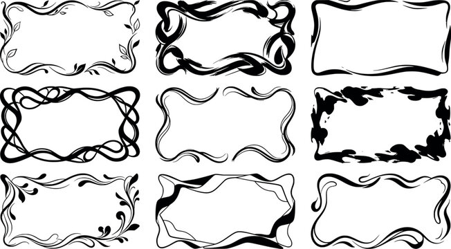 Set of handdrawn artistic rectangular frames with floral and abstract brush stroke elements transparent background