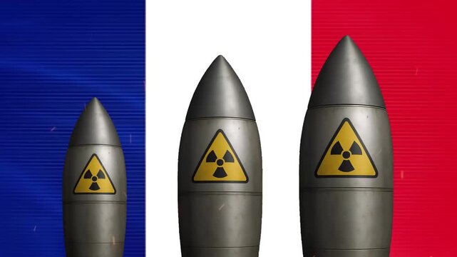 French nuclear deterrence concept: 3 d missiles with radiation symbols against waving france flag background