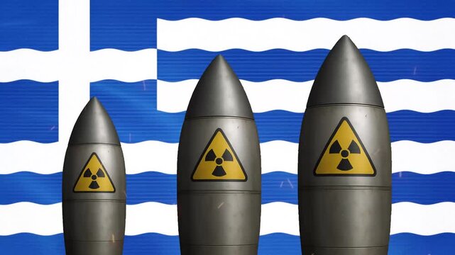 Nuclear missiles with radiation warning symbols against waving greek flag background, greece warhead