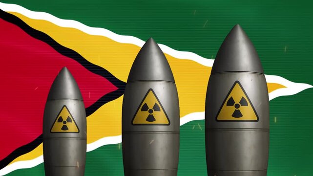 Nuclear missiles against guyana flag background: geopolitical tension and national security concept warhead