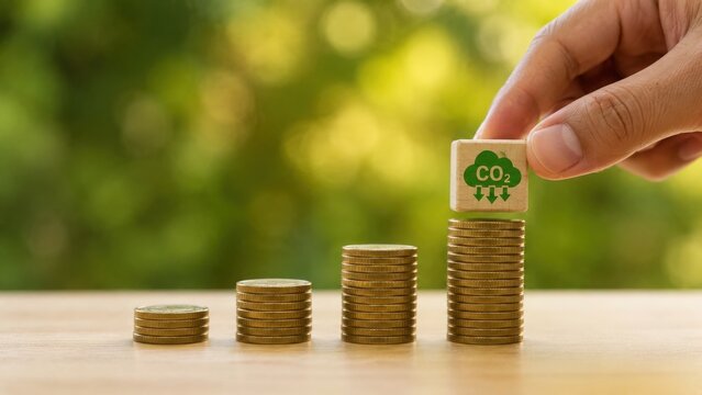 Hand placing co2 reduction block on stack of coins, green investment concept