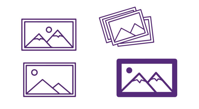 Set of purple framed image icons representing photo frames and picture galleries.