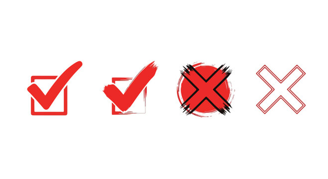Set of red check marks and X icons on white background for validation and error indicators.