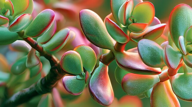 Close-up of Crassula ovata jade plant with green and red succulent leaves