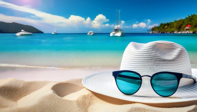 white hat and sunglasses on sandy tropical beach with turquoise sea and boats in the background summer vacation concept with copy space for travel advertising