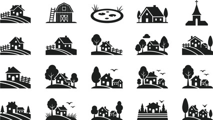 Countryside silhouette icons illustration, rural houses barns, village church steeple, trees fences hills, farmland landscape vector artwork © Fenshi