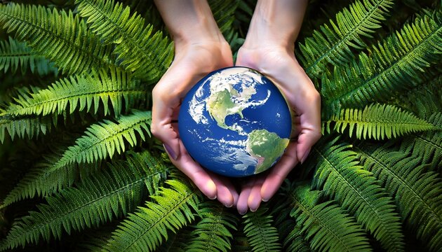 earth day embrace hands tenderly holding a globe amidst vibrant green ferns