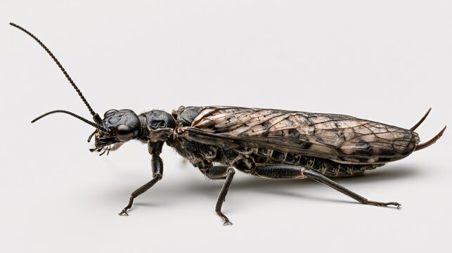 Detailed Closeup of Dark Coloured Stonefly Plecoptera on White Background