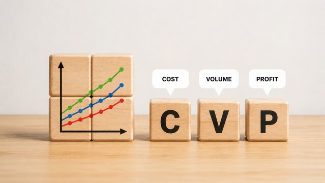Costvolumeprofit cvp analysis concept with wooden blocks showing graph and text