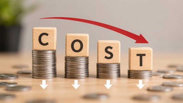 Cost reduction concept with word cost on decreasing stacks of coins and downward arrows
