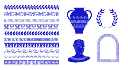 Greek decorative borders collection with geometric meander patterns, amphora, ancient sculpture silhouette, arch frame and laurel wreath. Modern blue and white vector illustrations set. © Marina Zlochin