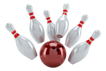 Isolated red bowling ball striking several white pins in dynamic motion, popular sport game equipment © Ioana
