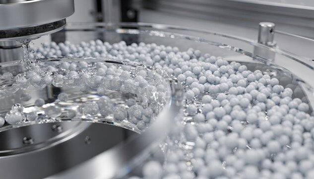 Medium shot of silicacoated magnetic beads flowing through automated coating machinery highlighting precise surface modification for enhanced nucleic acid extraction efficiency.