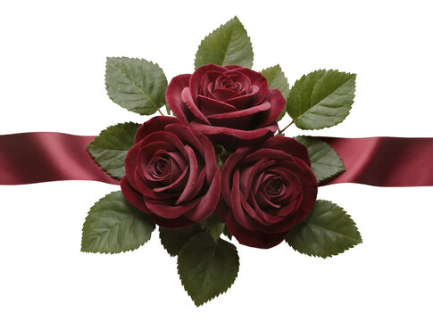 Isolated bouquet of three dark red roses with green leaves and ribbon, elegant floral arrangement