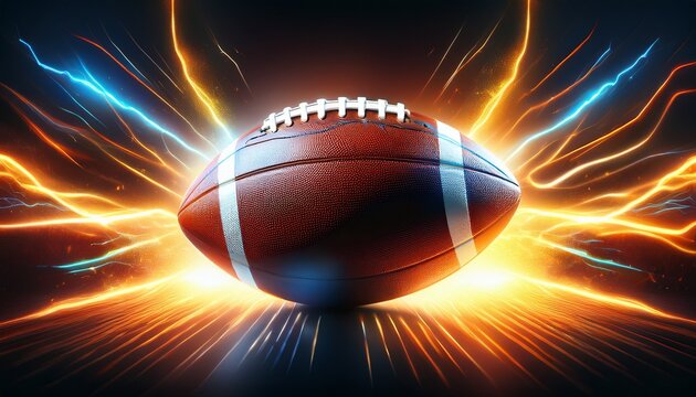 american football with lightning effects and glowing light streaks on a dark background emphasizing motion and energy in sports imagery