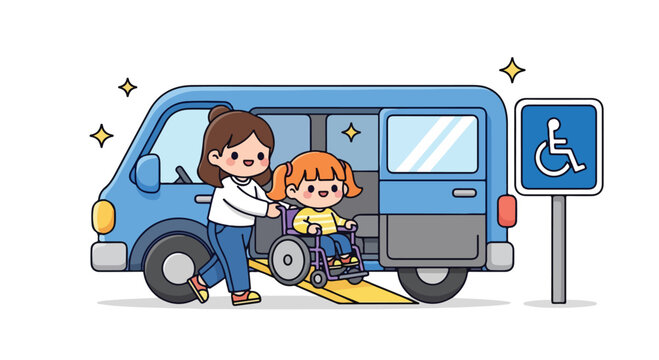 Children boarding a blue school bus with an accessible ramp and driver assistance.