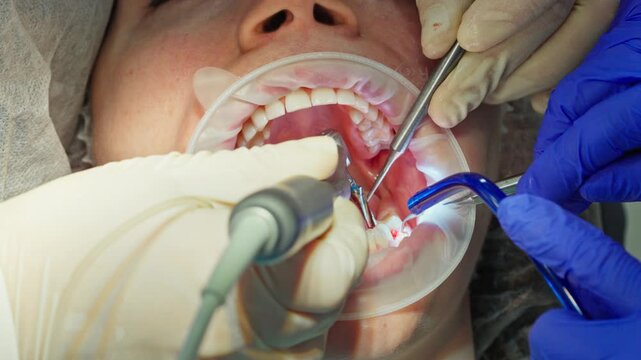 A close-up an oral surgeon performing the drilling step of a dental implant placement using a surgical handpiece