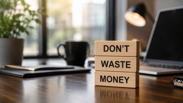 Wooden blocks with the text dont waste money on a desk