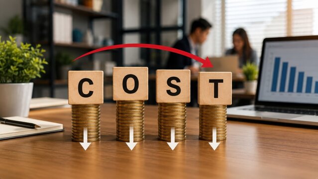 Business concept of cost reduction with wooden blocks and coins on office desk