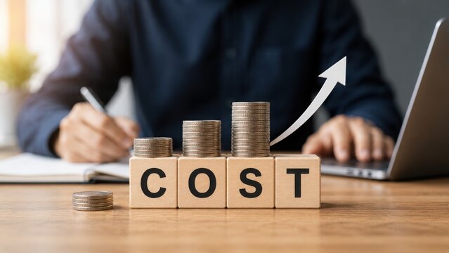 Business concept of increasing costs with coins and wooden blocks on office desk