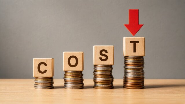 Blocks spelling cost stacked on coins with red arrow