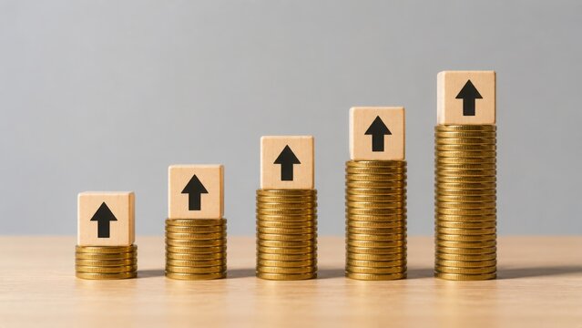 Rising stacks of gold coins with wooden blocks showing upward arrows, business growth and profit concept