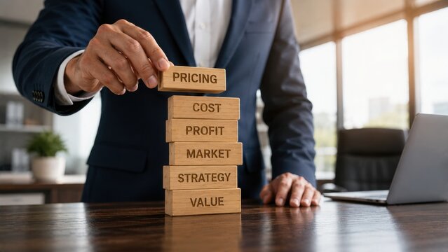 Business strategy and value chain with pricing, cost, profit, market, strategy, and value blocks