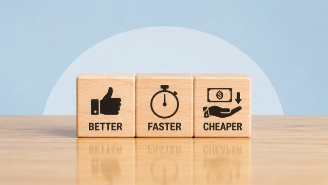 Wooden blocks with icons and text better, faster, cheaper, business improvement and optimization concept