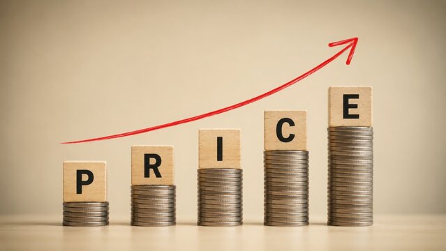 Wooden blocks with the word price on stacks of coins with an upward trending red arrow