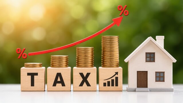 Wooden blocks with the word tax and a house model on stacks of coins with an upward trending arrow