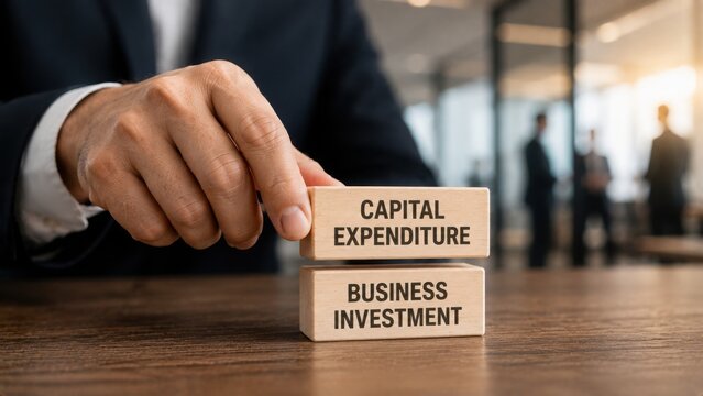 Businessman holding wooden blocks with capital expenditure and business investment text