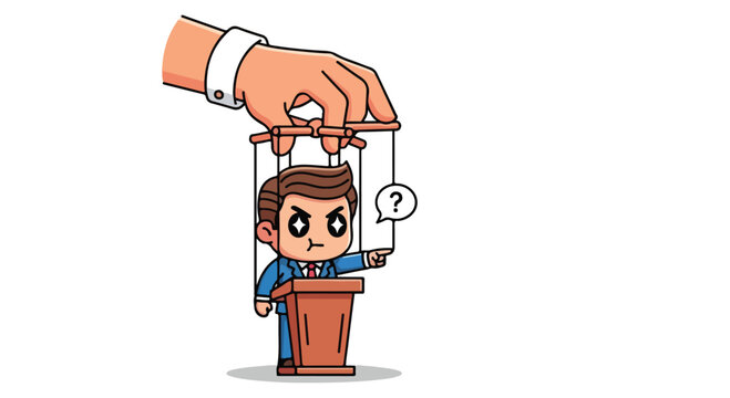Cartoon character controlled like a puppet by a raised hand illustrating manipulation and diminished autonomy.