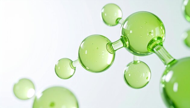 透明感あふれるライムグリーンの分子構造と美容液イメージ。植物由来成分やCICA、スキンケア、化粧品広告、バイオテクノロジーをイメージした高級感のあるサイエンス背景素材。白背景・コピースペースあり。ジェネレーティブAI
