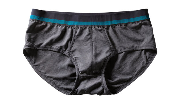 Isolated comfortable men's grey cotton briefs with teal stripe on waistband for everyday wear