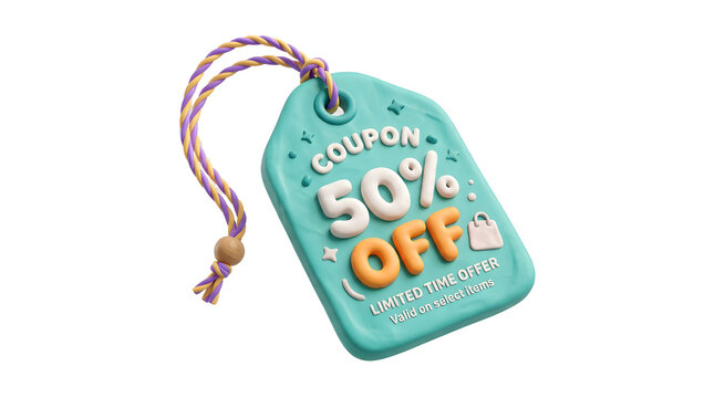 Playful 3D Clay Style Coupon Isolated On Solid White Background