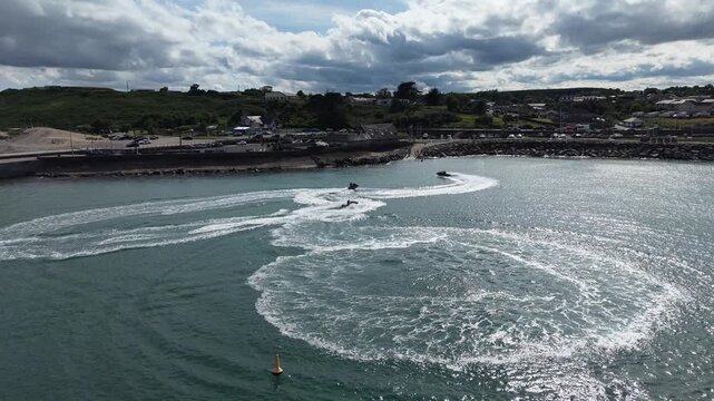 4K Slow Motion Aerial View of Jet Ski Turning off Courtown Wexford