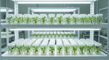 Fototapeta premium Shelves of plant tissue cultures growing in glass jars under LED lights in a laboratory