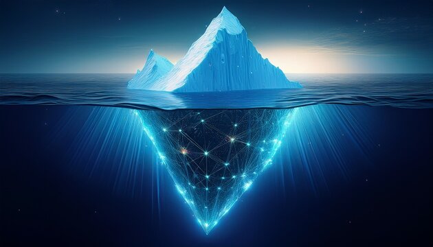 partially submerged iceberg reveals digital network structure below the ocean surface the ice mass glows with blue light beams showing connectivity and data flow this is a technological concept in