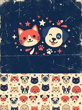 Playful illustrated dog and cat collage