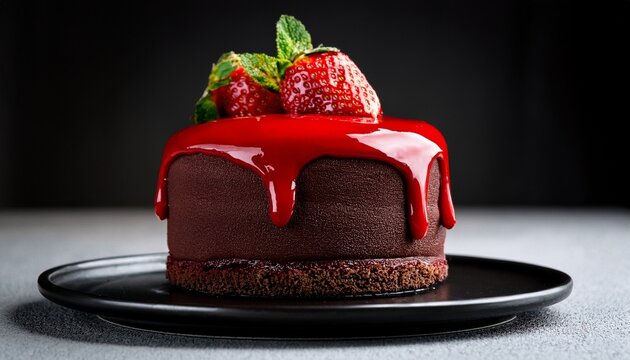 a moist chocolate cake topped with a vibrant strawberry glaze sitting on a dark plate the rich textures and bright red enhance its luxurious look
